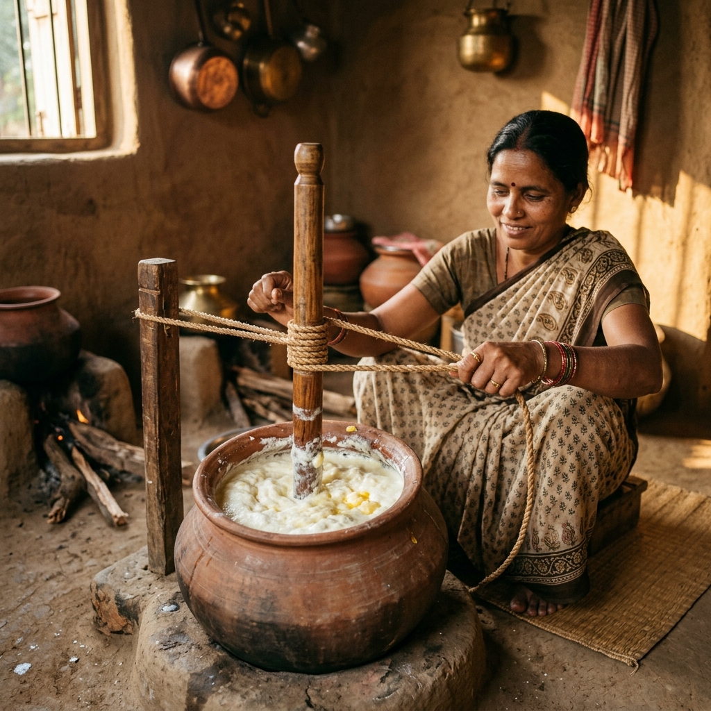 Traditional Bilona churning method for making A2 ghee